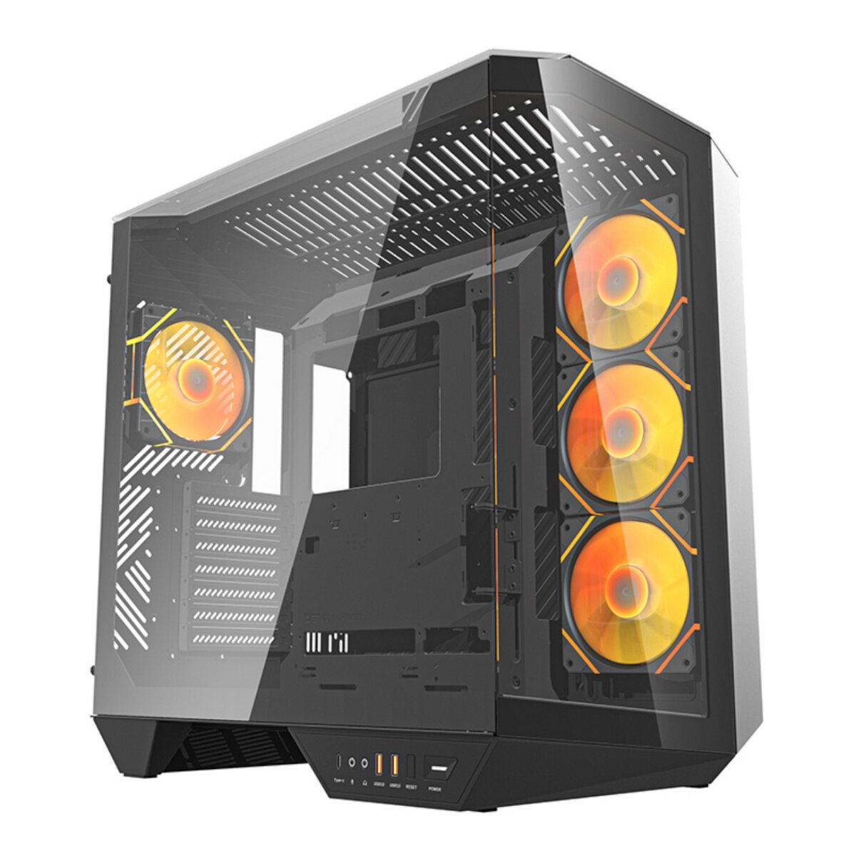 Un case per computer nero e trasparente con ventole arancioni. Il case ha un pannello laterale in vetro.