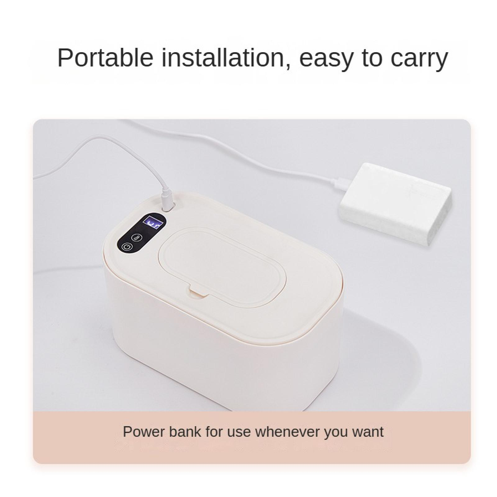 Ein weißes, rechteckiges Gerät mit einer Powerbank. Ein Kabel ist mit dem Gerät und der Powerbank verbunden. Text sagt 'Tragbare Installation'.