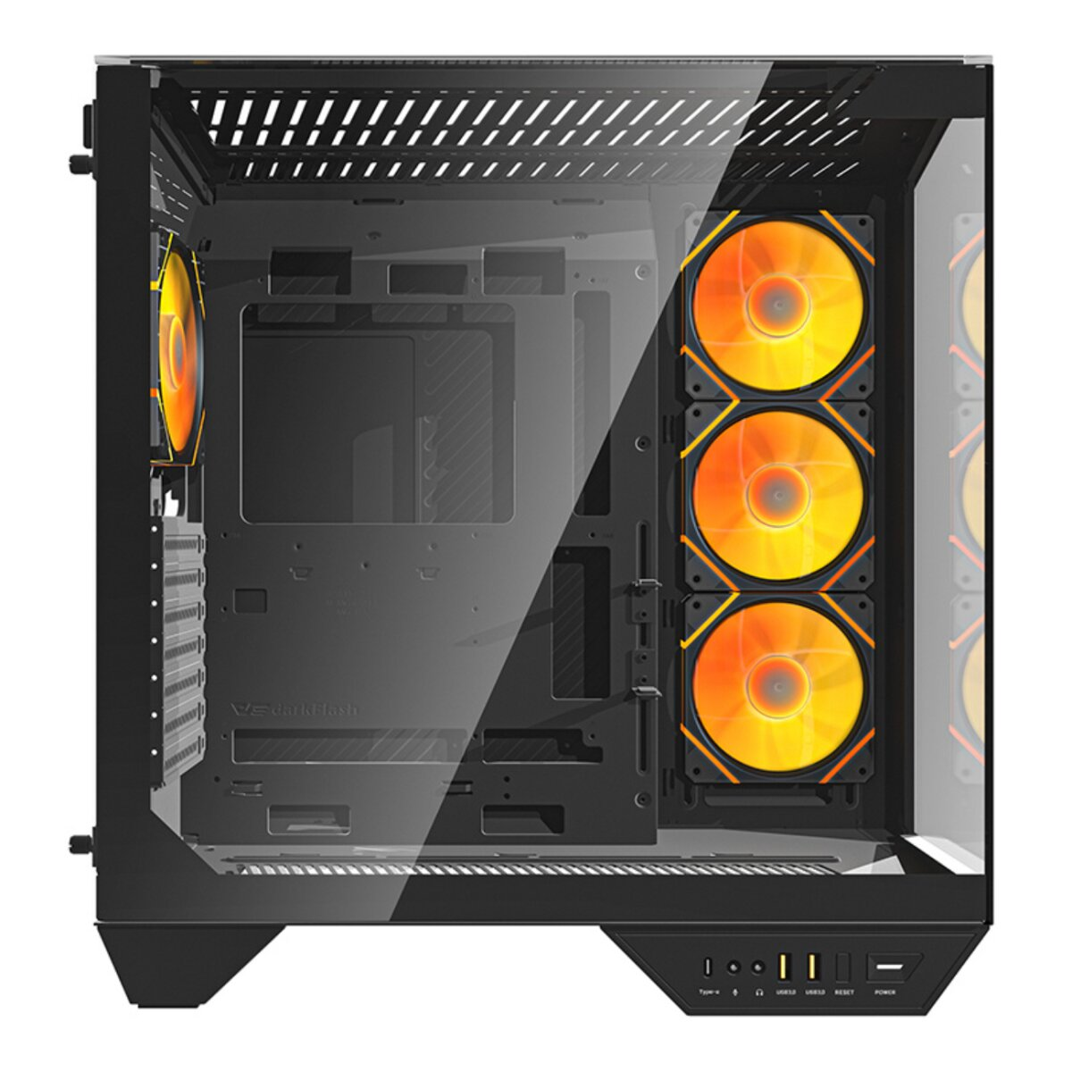 Un case per computer con tre ventole arancioni in fila verticale. Il case è nero con un pannello laterale in vetro e ha altre ventole.