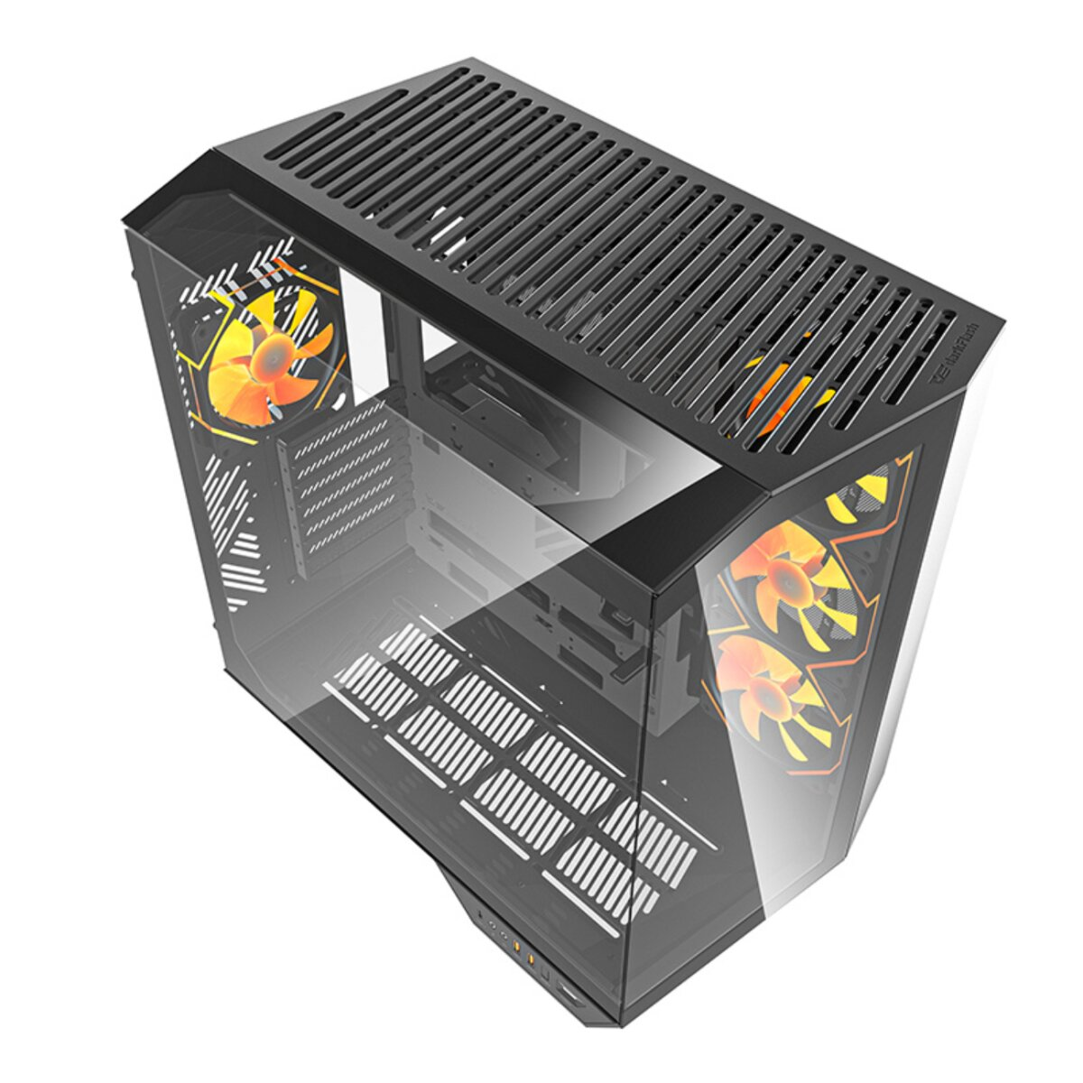 Un case per computer con telaio nero, pannelli di vetro e luci arancioni delle ventole. La parte superiore ha una griglia e l'interno è visibile.
