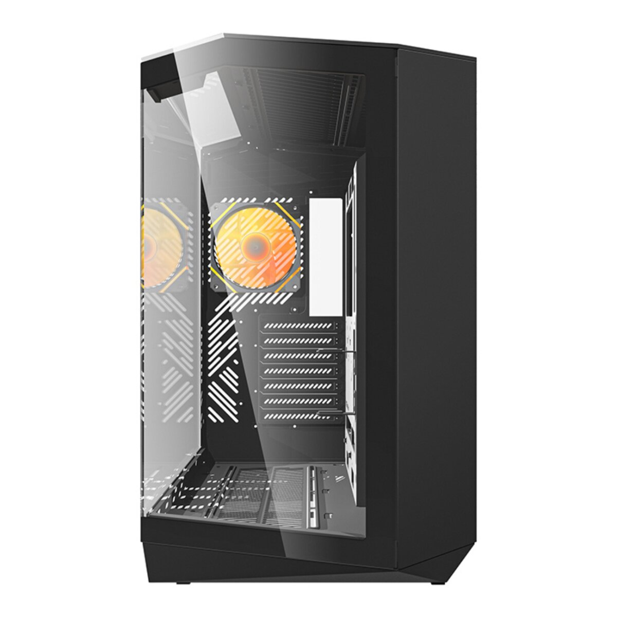 Un case per computer nero con un pannello laterale in vetro. Ha una ventola arancione visibile all'interno e un pannello frontale con prese d'aria e vani unità.
