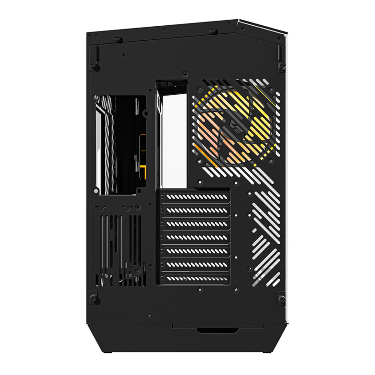 Pannello posteriore nero del case del computer. Mostra fori di ventilazione, zona ventola con accenti gialli e arancioni e fessure interne.