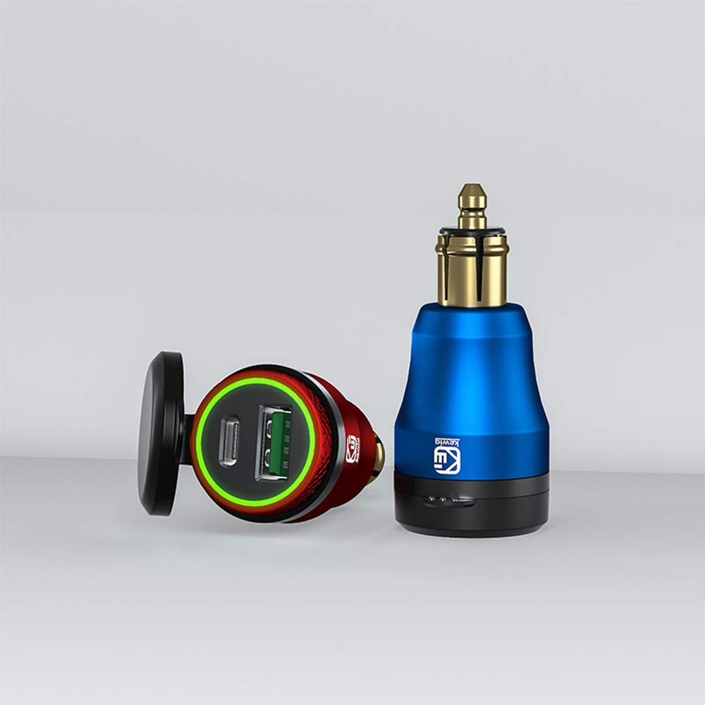 Zwei Autoladegeräte. Eines ist rot mit USB-Anschluss, das andere blau mit goldener Spitze.