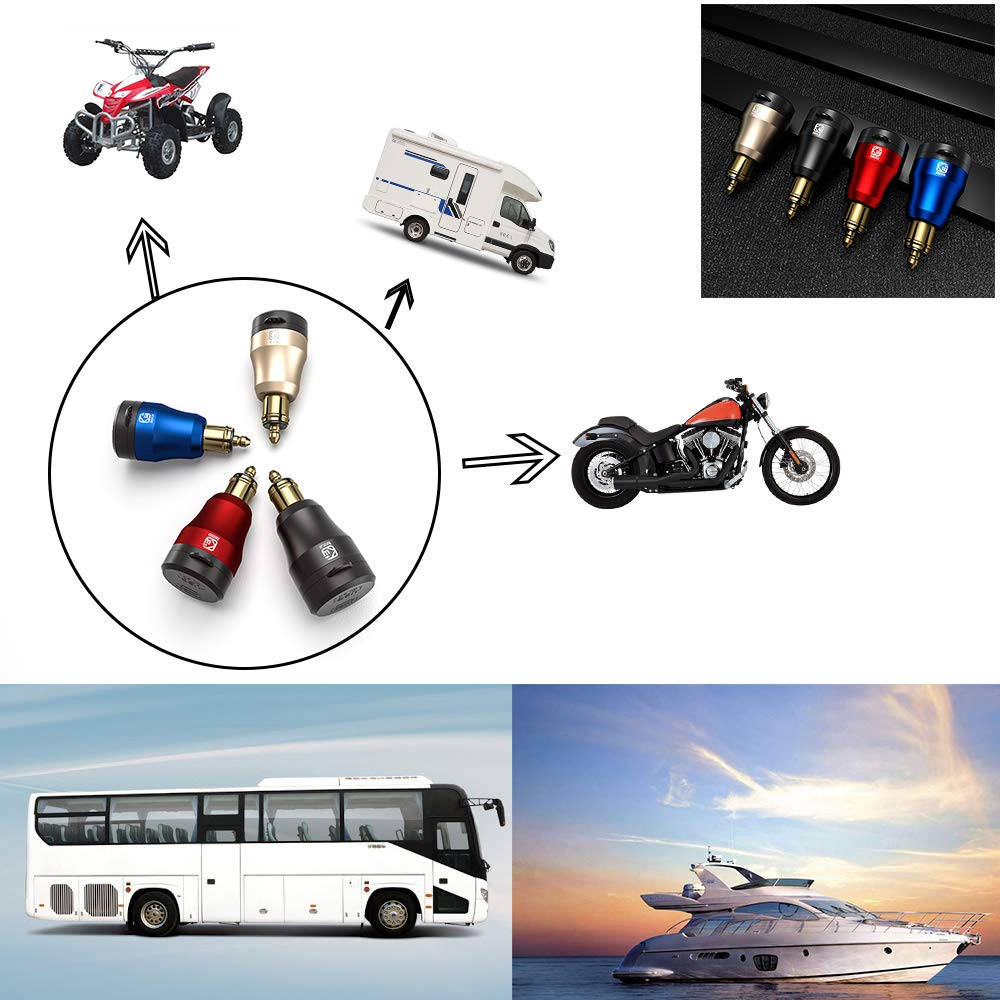Eine Collage von Fahrzeugen und Objekten: ein ATV, Wohnmobil, Motorrad, Bus, Yacht und mehrere farbige Stromadapter.
