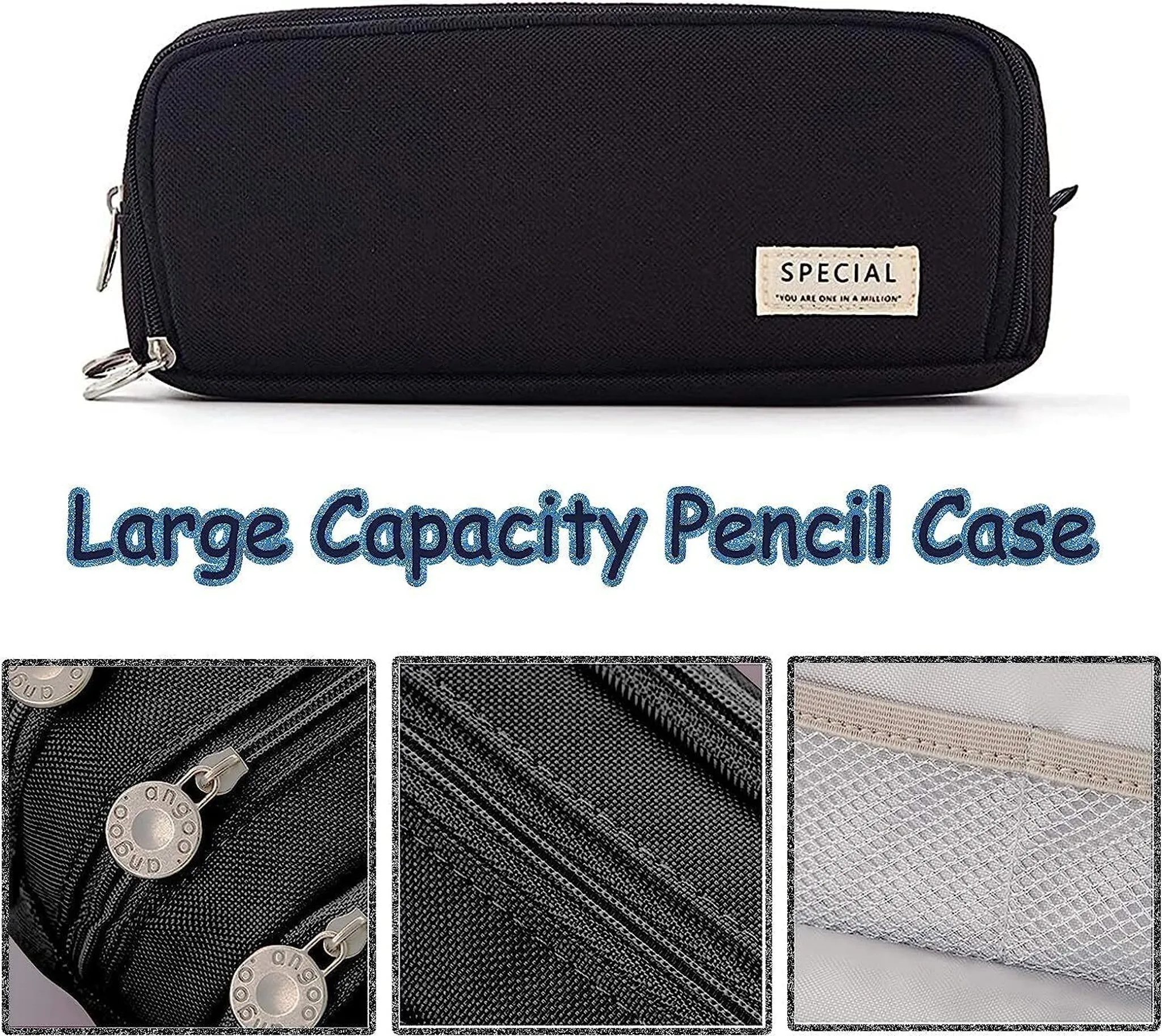 Schwarzes Federmäppchen mit Reißverschluss, einem kleinen Etikett mit der Aufschrift 'SPECIAL' und den Worten 'Large Capacity Pencil Case'.