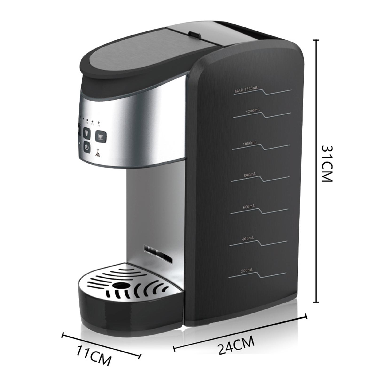 Eine silber-schwarze Kaffeemaschine mit Messungen auf der Seite. Die Abmessungen sind 31 cm hoch, 24 cm breit und 11 cm tief.
