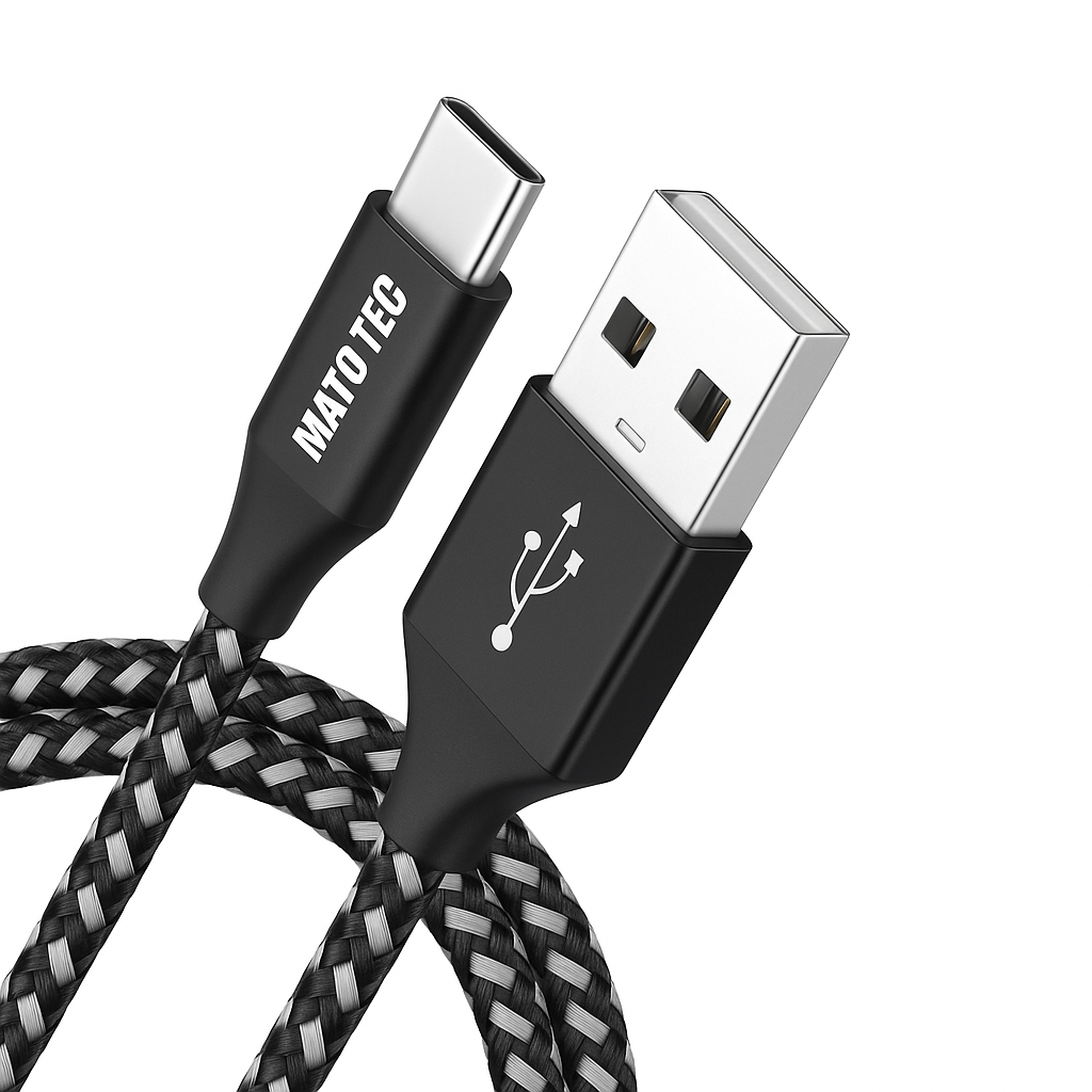 USB-C-zu-USB-A-Ladekabel. Schwarze Anschlüsse mit weißem Logo und Text. Geflochtenes Kabel in Schwarz, Weiß und Grau.