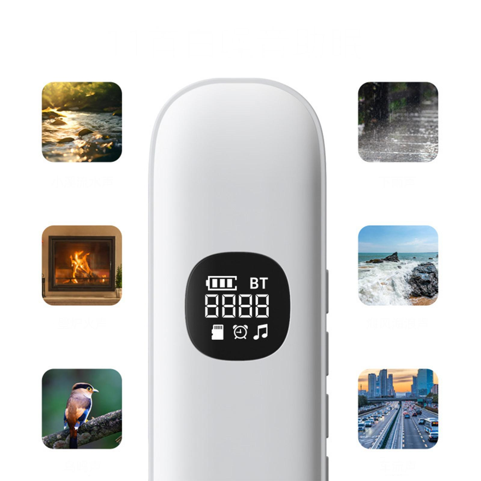 Weißes Gerät mit Bildschirm, der Batterie, BT, Zahlen und Symbole anzeigt. Drumherum sind Bilder von Natur und urbanen Szenen.
