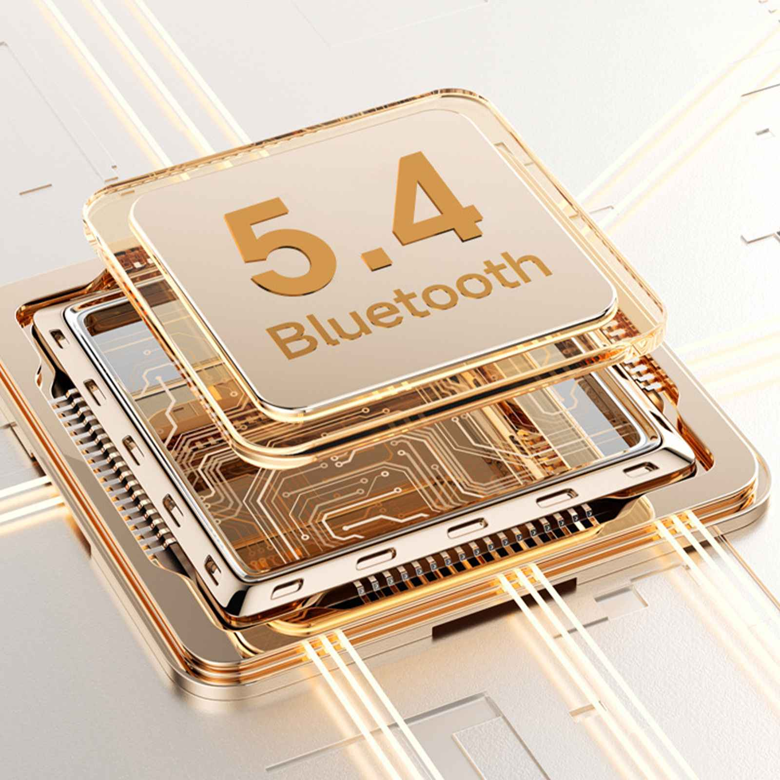 Nahaufnahme eines goldenen Bluetooth 5.4-Chips. Der Chip hat goldene Kanten und ein Leiterplattendesign auf weißem Hintergrund mit Linien.
