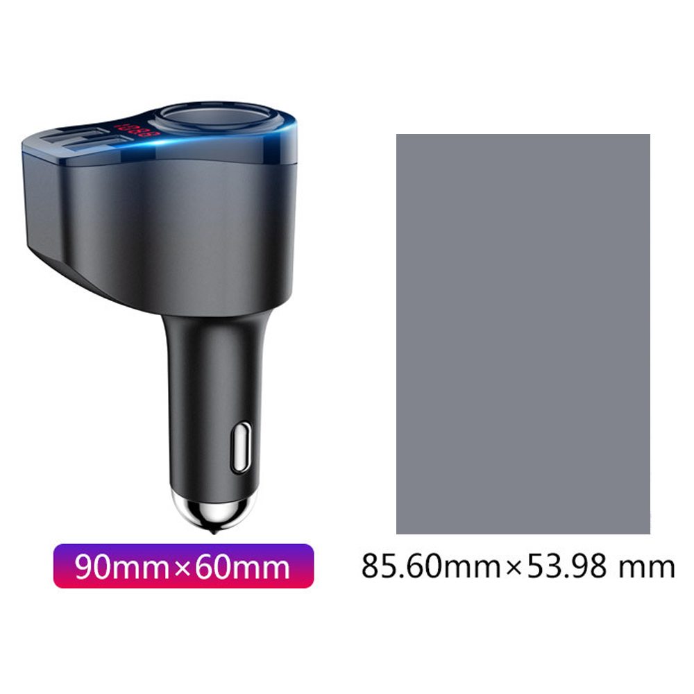 Schwarzes Autoladegerät mit blauem Licht, USB-Anschlüssen und Digitalanzeige. Abmessungen neben einem grauen Rechteck.