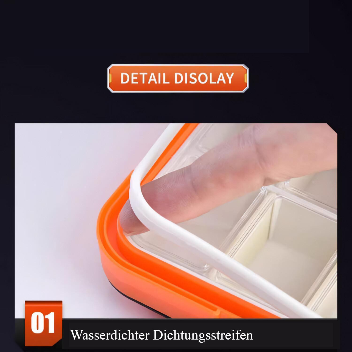 Eine Hand drückt eine weiße Gummidichtung in einen orangefarbenen Behälter. Der Behälter hat transparente Fächer. Text: Wasserdichter Dichtungsstreifen.