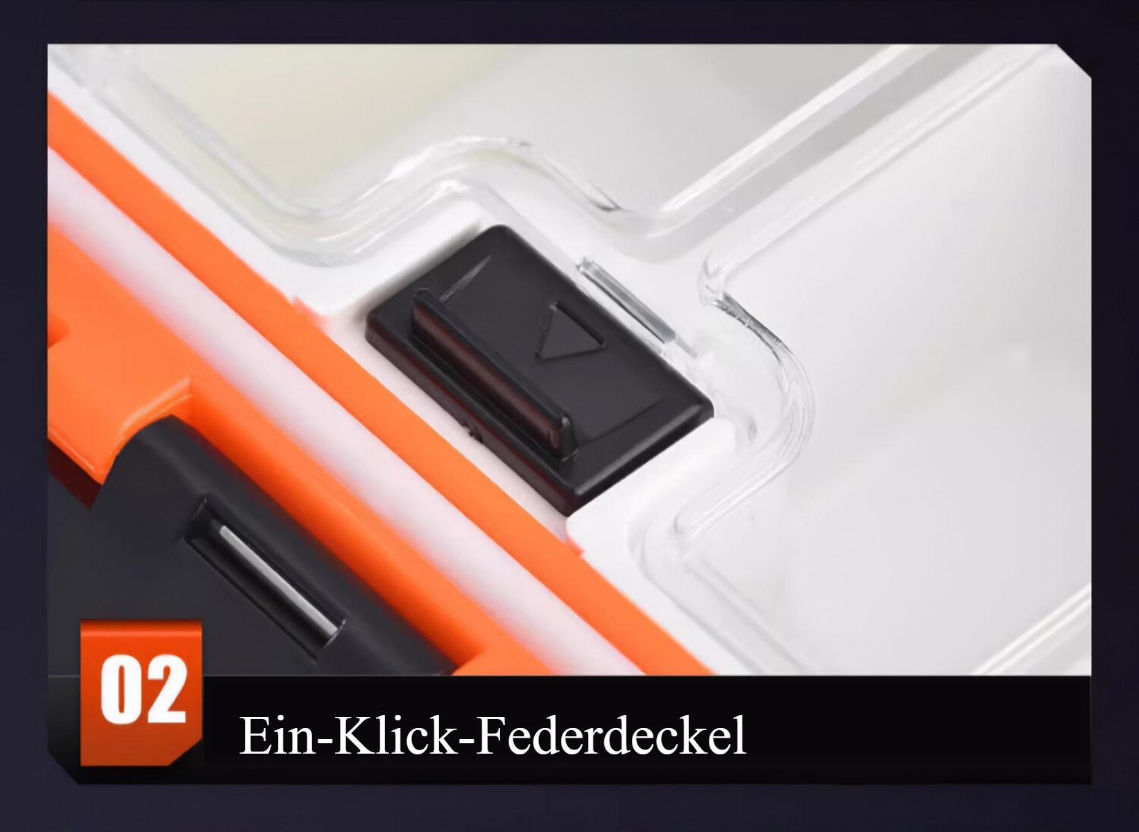 Nahaufnahme eines schwarzen Riegels auf einer weißen und transparenten Oberfläche mit orangefarbenen und schwarzen Akzenten.