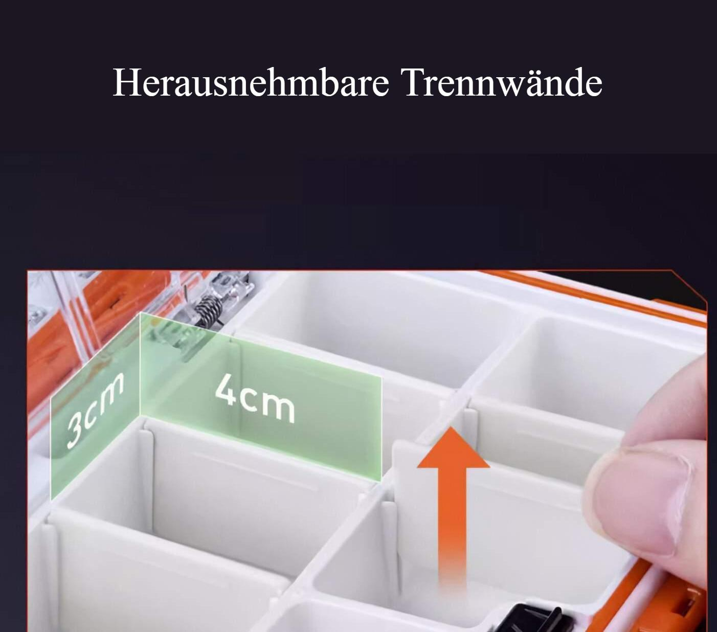 Eine weiße Fachbox mit herausnehmbaren Trennwänden, mit einer Hand, die einen orangefarbenen Pfeil nach oben zeigt.