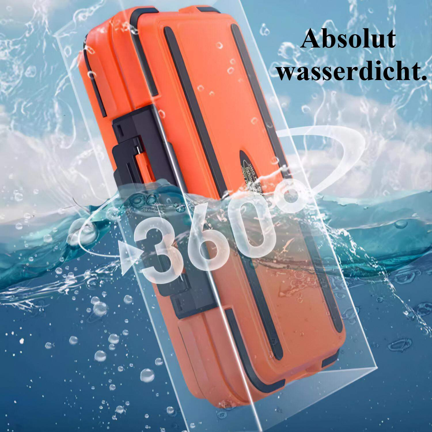 Eine orangefarbene wasserdichte Hülle ist in Wasser getaucht. Das Bild zeigt die Hülle mit dem Text '360°' und 'Absolut wasserdicht.'
