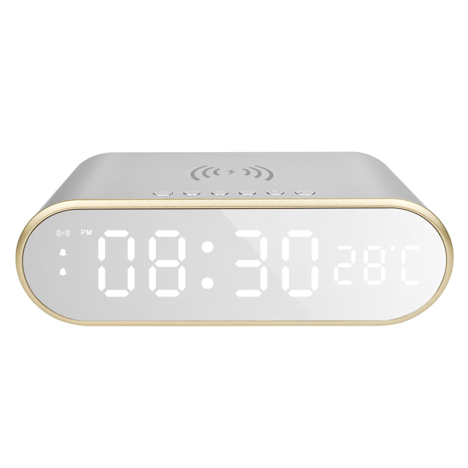 Eine silberne Digitaluhr zeigt 08:30 und 28 °C an. Sie hat einen goldenen Rahmen und Symbole für kabelloses Laden.