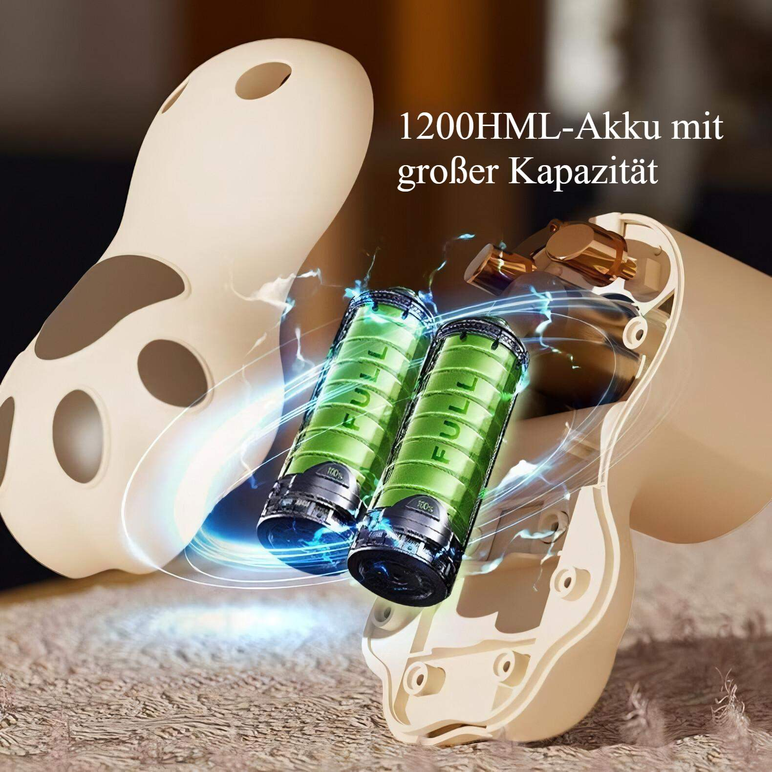 Zwei grüne Batterien mit der Aufschrift 'FULL' sind von Lichtbögen umgeben. Cremefarbene Geräteteile sind sichtbar.