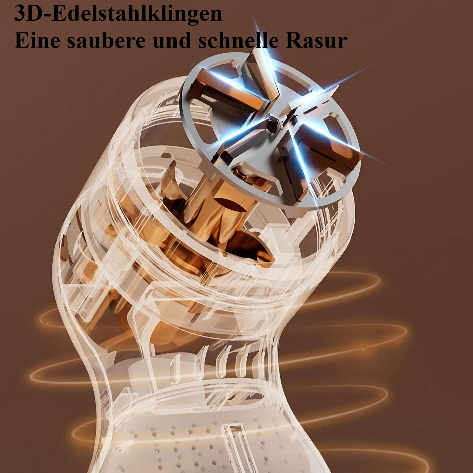 Ein transparenter Rasierer mit metallischem Scherkopf, blau leuchtendem Licht und geschwungenen Linien auf braunem Hintergrund.