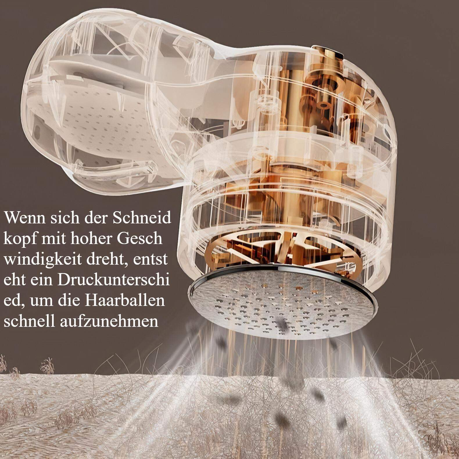 Ein transparentes Gerät mit Schneidkopf. Es dient zum Sammeln von Haarballen. Beiger Hintergrund.
