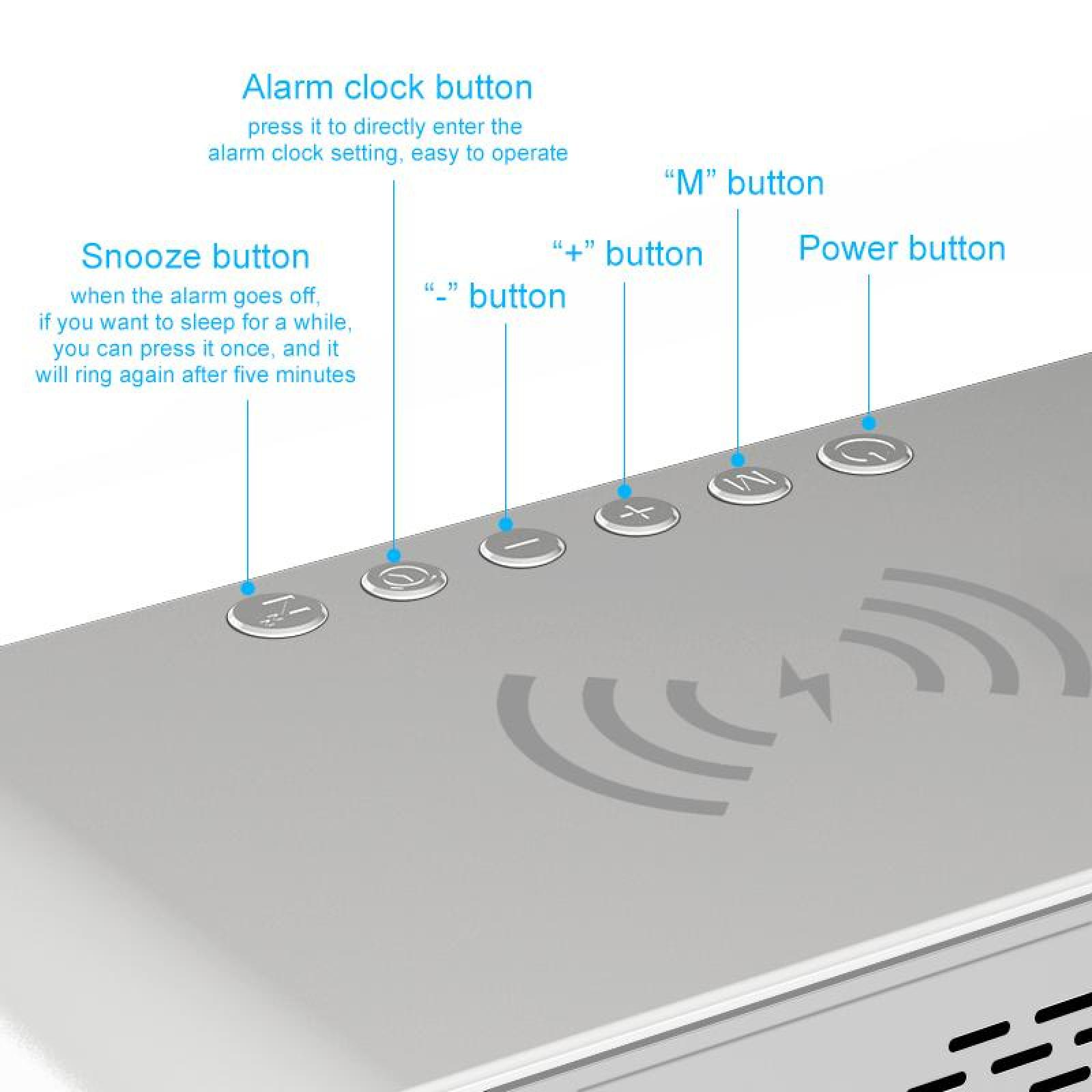 Nahaufnahme eines Geräts mit beschrifteten Tasten für Alarm, Schlummer, Plus, Minus und Strom sowie einem kabellosen Ladesymbol.
