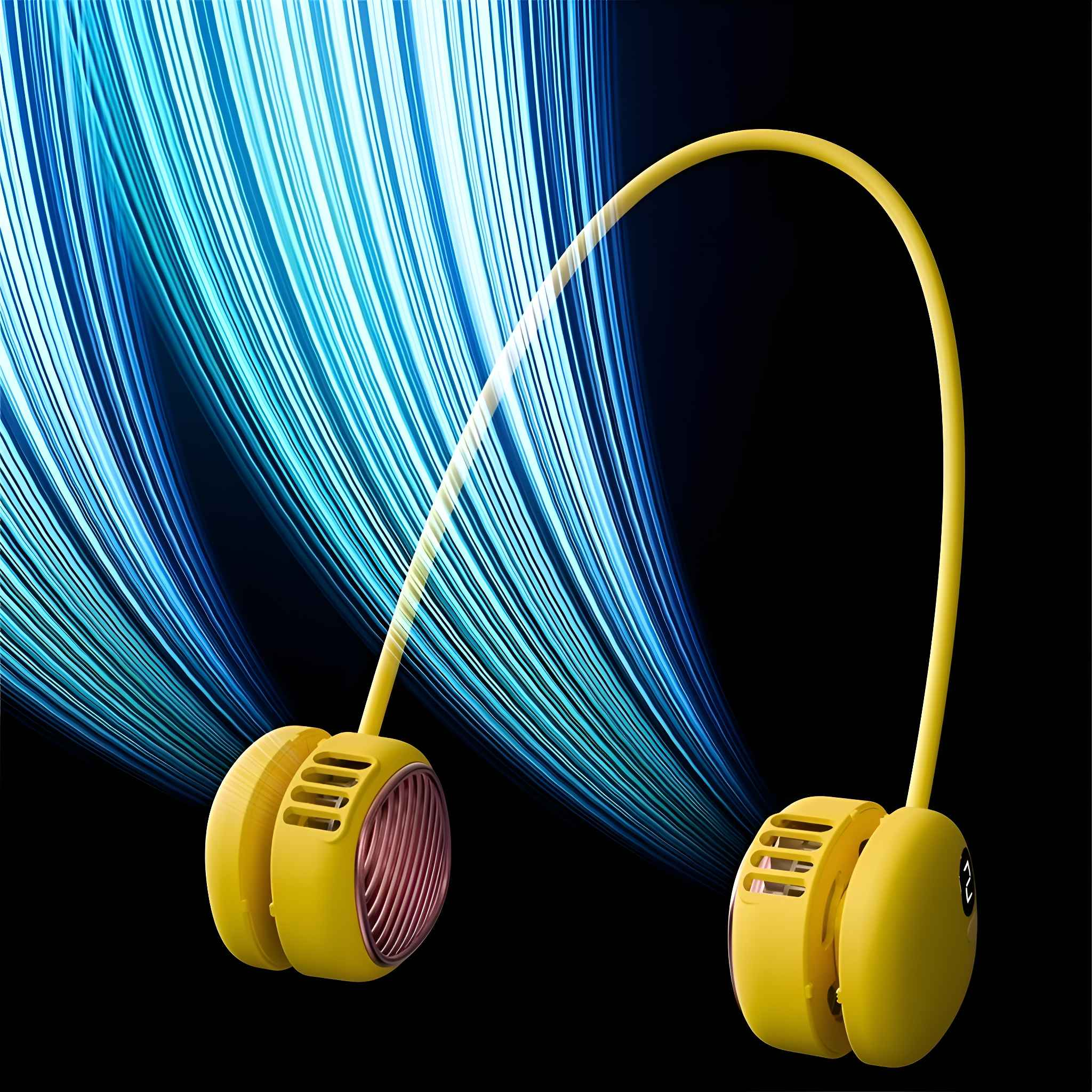 Ein gelber Nackenventilator mit geschwungenem Design. Er hat zwei kreisförmige Fächerköpfe und ein geschwungenes Nackenband. Blaue Linien auf schwarzem Hintergrund.