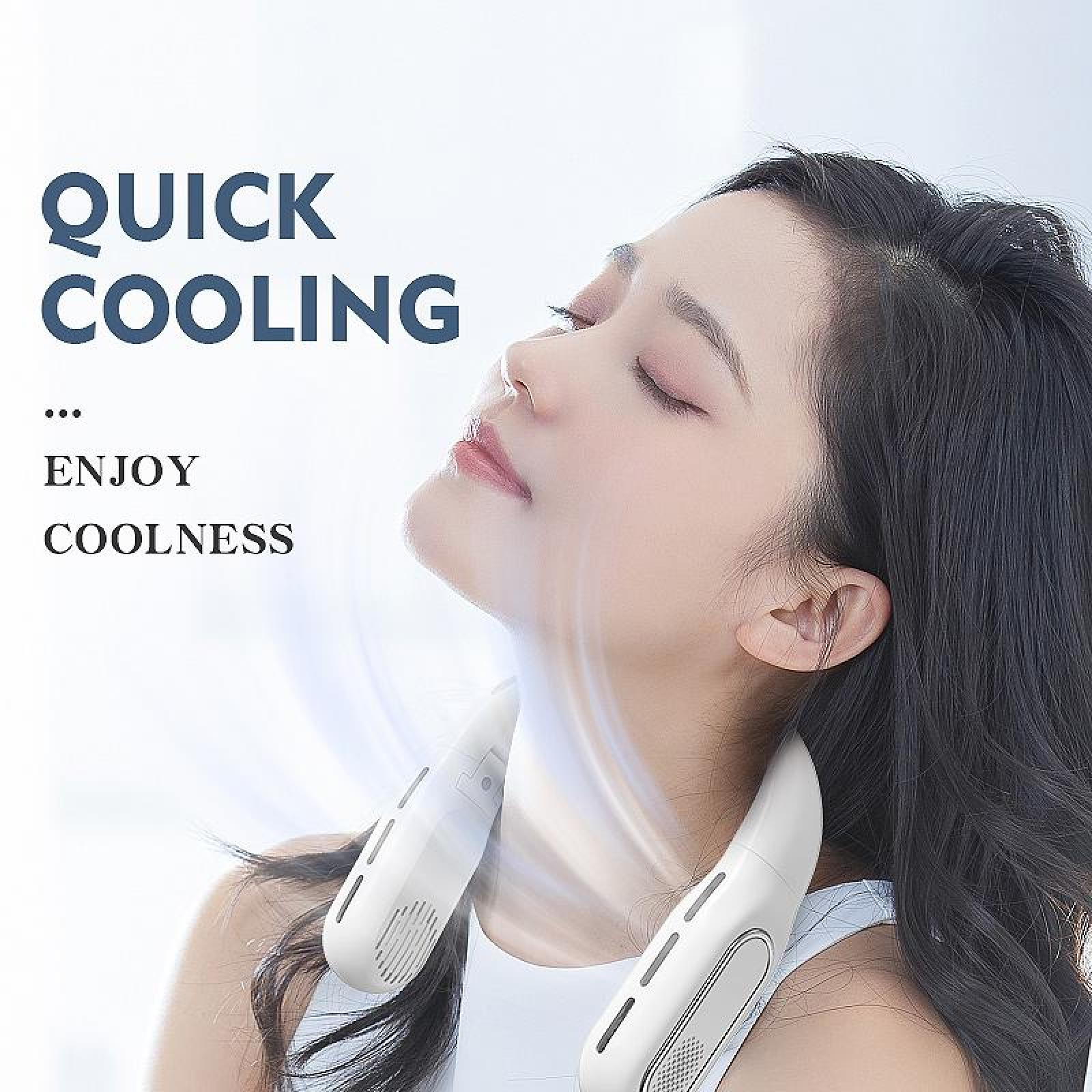 Frau mit weißem Nackenventilator, Augen geschlossen. Text: 'Quick Cooling... Enjoy Coolness' mit hellem Hintergrund.