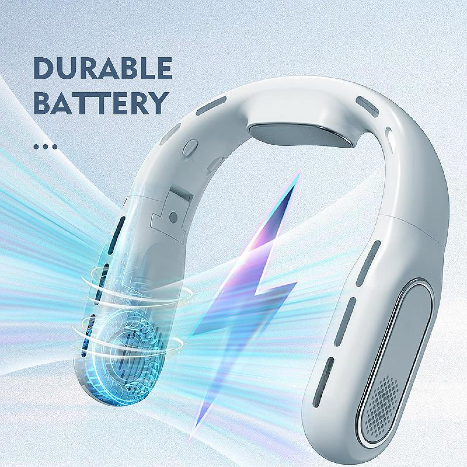 Ein weißer Nackenventilator mit einer blau-violetten Blitzgrafik. Der Text "DURABLE BATTERY" steht oben.