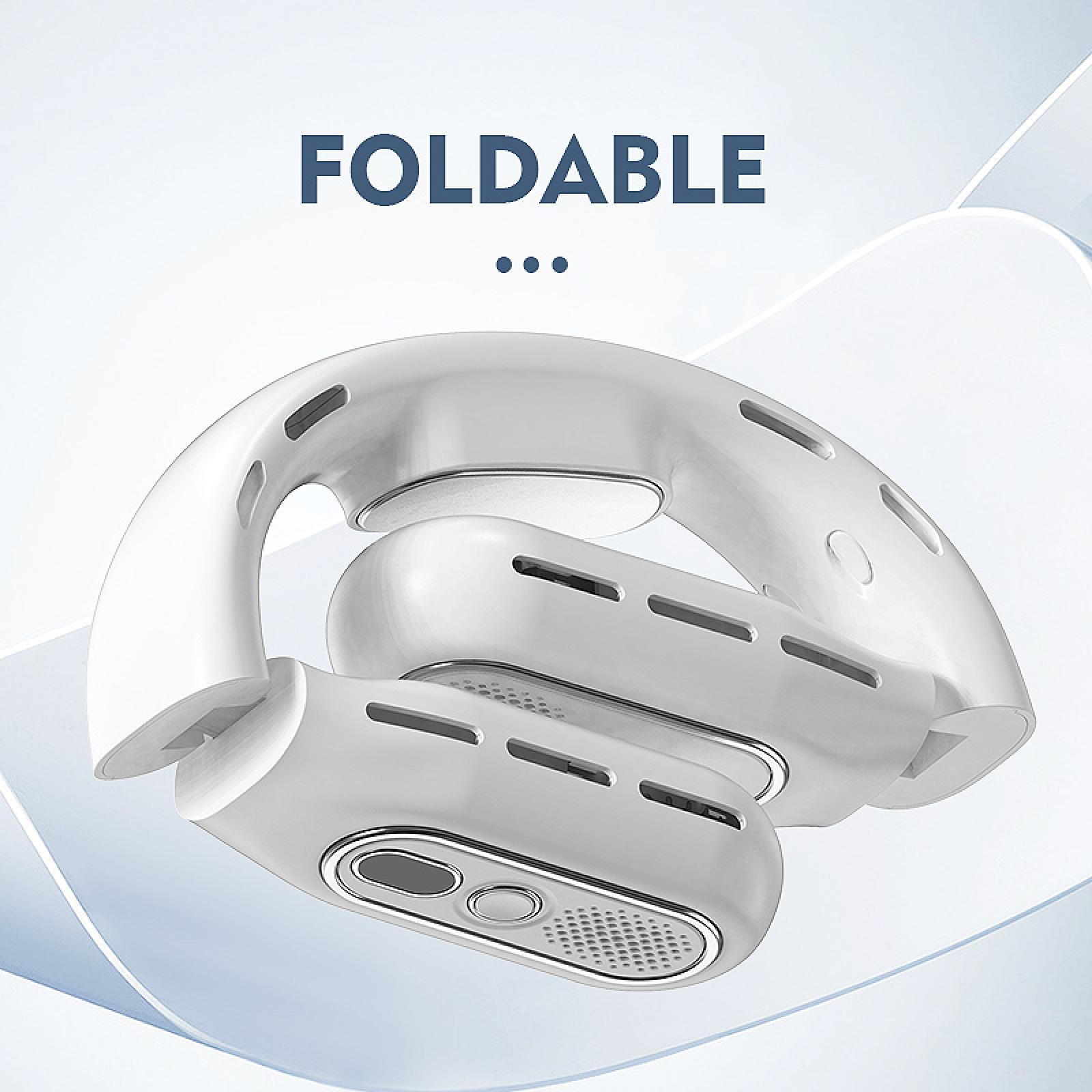 Ein weißer, faltbarer Nackenventilator wird vor einem hellblauen Hintergrund gezeigt. Das Wort 'FOLDABLE' steht oben.