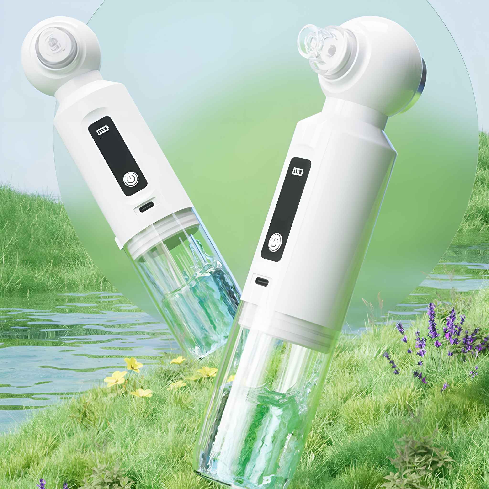 Zwei weiße Hautpflegegeräte mit klarer Flüssigkeit werden inmitten von grünem Gras und Wasser mit Blumen im Hintergrund gezeigt.