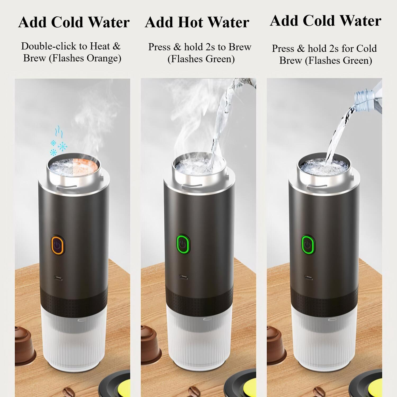 Eine Kaffeemaschine mit drei Schritten: kaltes Wasser hinzufügen, heißes Wasser und wieder kaltes Wasser. Anweisungen und blinkende Lichtfarben sind enthalten.