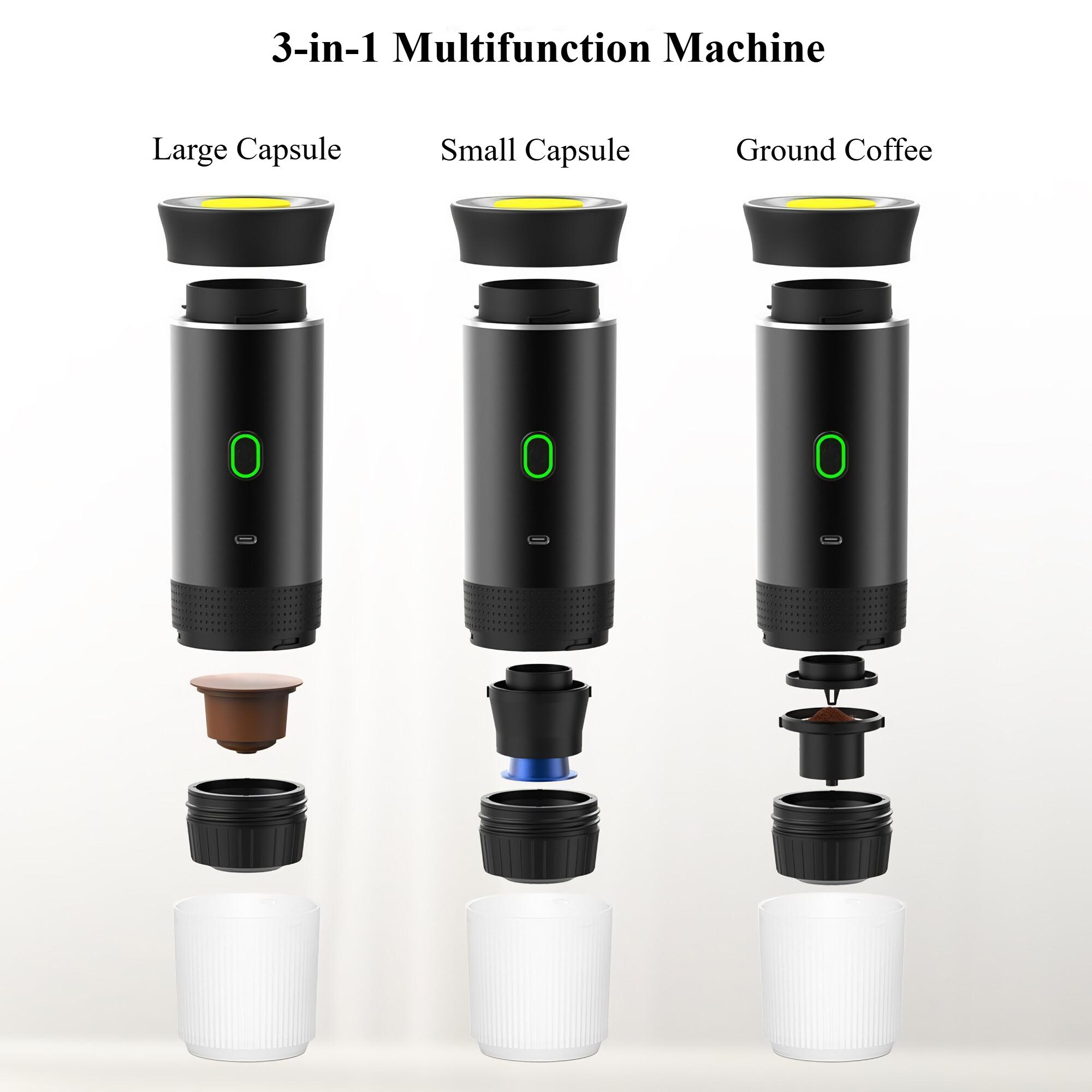 3-in-1 Kaffeemaschinenteile zerlegt. Enthält große Kapsel, kleine Kapsel und gemahlenen Kaffee, jeweils mit einer Tasse.
