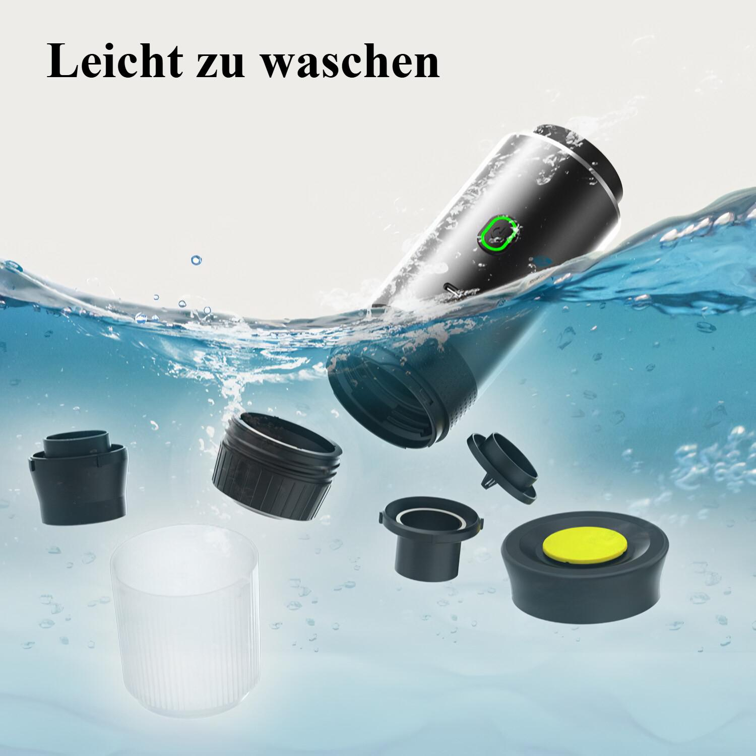 Schwarze Kaffeemaschine zerlegt im Wasser. Teile umfassen einen Becher, Kappen und einen Deckel mit gelbem Knopf. Text oben: 'Leicht zu waschen'.
