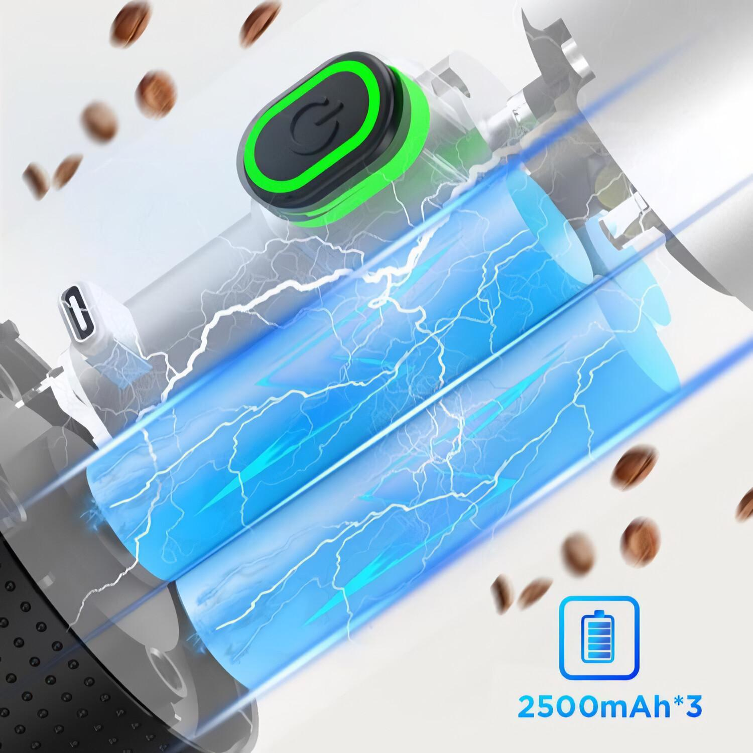 Staubsaugerkomponenten mit blauem Akku, elektrischen Funken und Kaffeebohnen. Unten befindet sich ein Akku-Symbol mit 2500mAh*3.