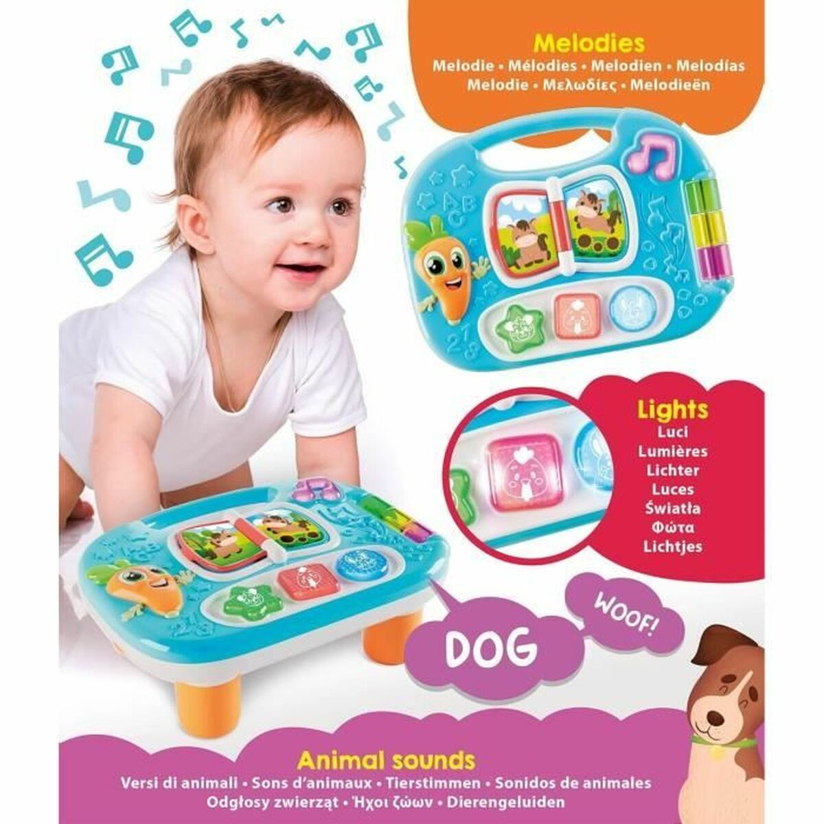 Un bambino gioca con un tavolo giocattolo musicale blu. Il tavolo ha bottoni e illustrazioni. Il bambino sorride.