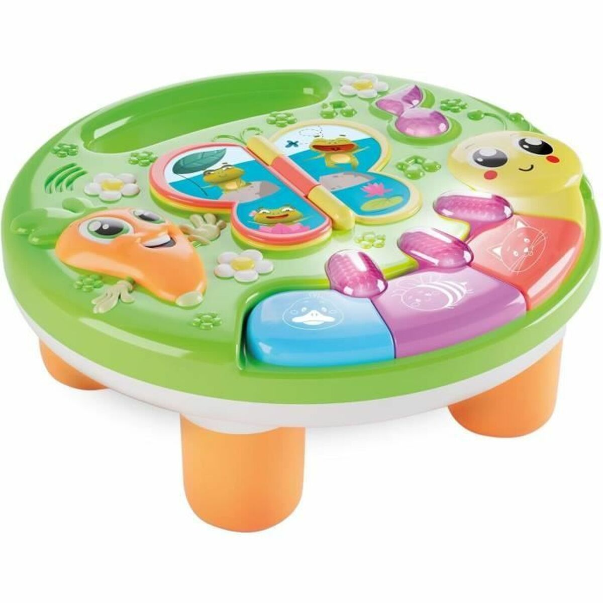 Un colorato tavolino per attività per bambini, rotondo, con piano verde, gambe arancioni e vari pulsanti e giocattoli a tema animale.