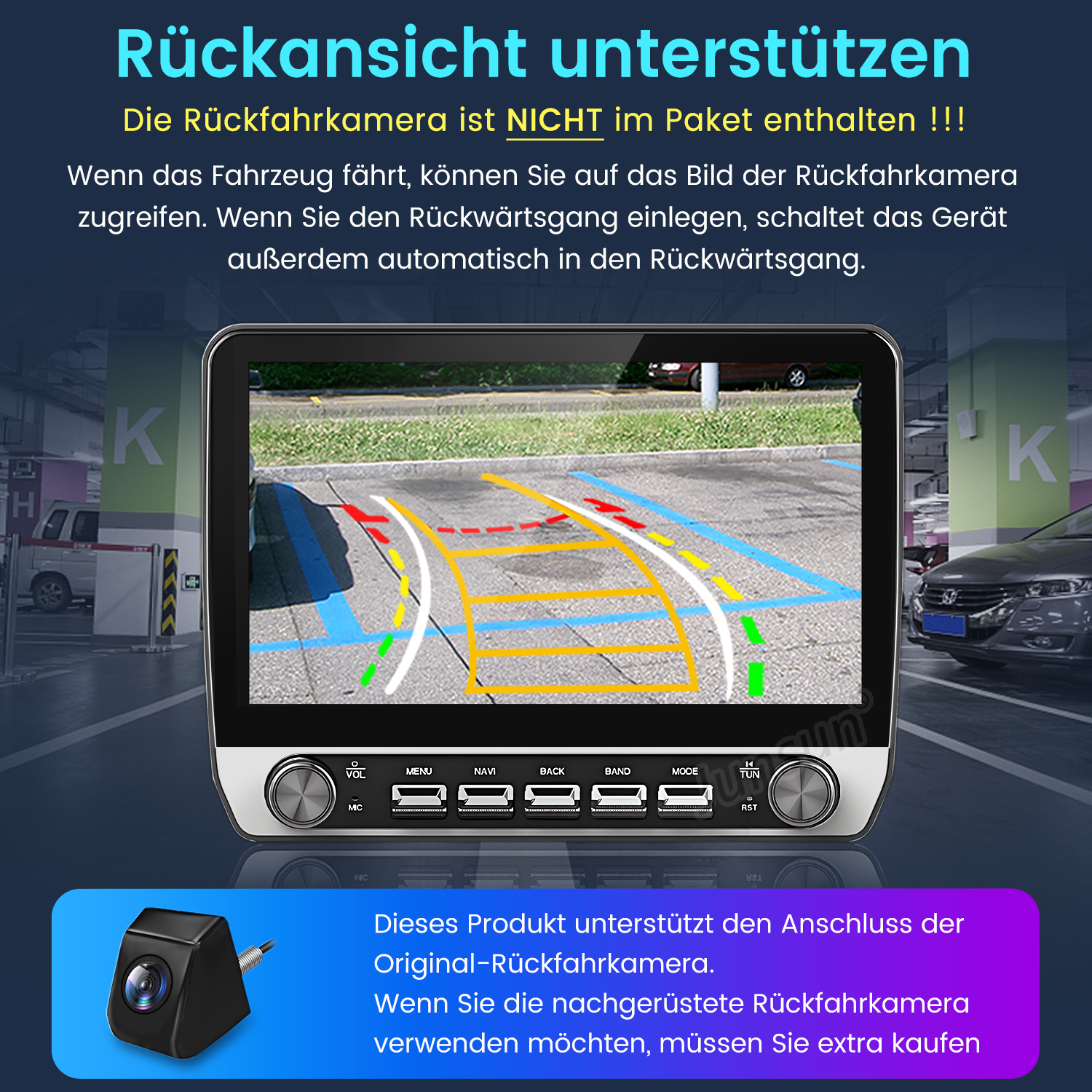Auto-Bildschirm mit Parkassistent-Linien. Unten ist eine Autokamera abgebildet. Der Text auf Deutsch erklärt die Funktionen.