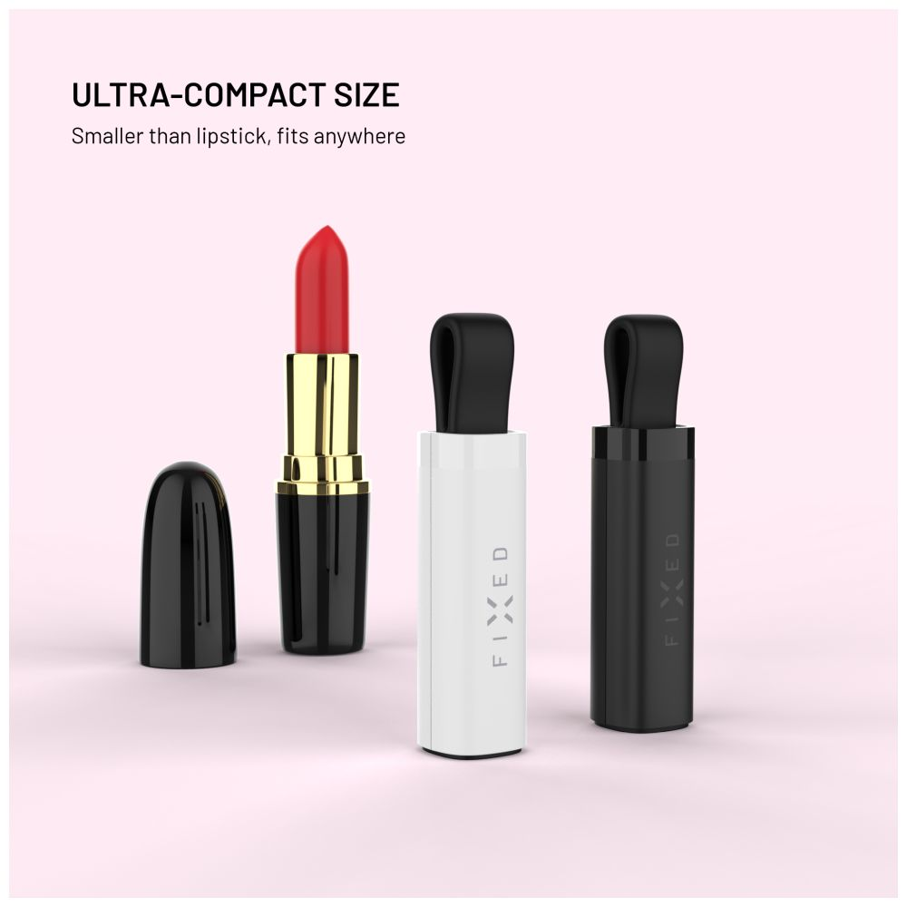Das Bild zeigt Lippenstift und zwei Geräte, eines weiß und eines schwarz, mit dem Wort FIXED darauf. Alle befinden sich auf einem rosa Hintergrund.
