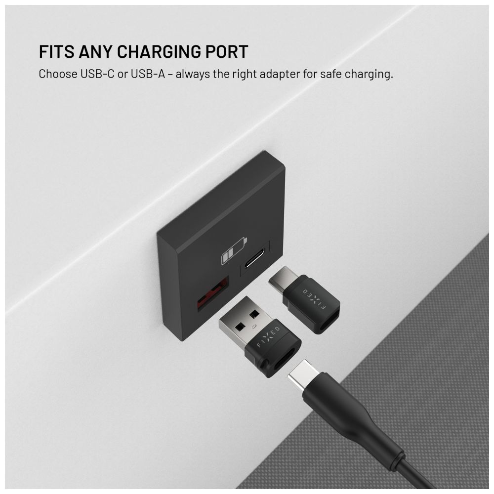 Bild zeigt ein schwarzes Ladegerät und USB-Adapter. Text sagt: 'Passt an jeden Ladeanschluss.' Die Adapter sind USB-C und USB-A.