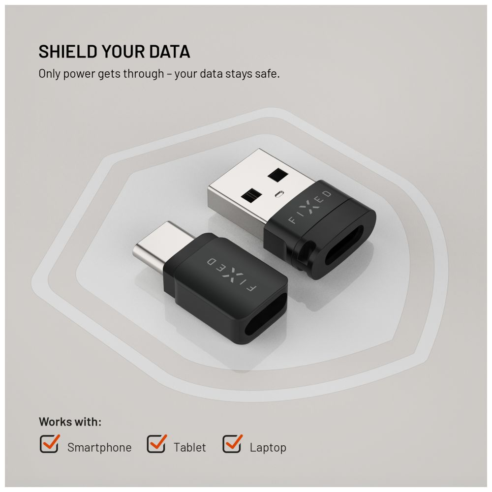 Zwei schwarze USB-Adapter mit silbernen Enden. Der Text "FIXED" ist sichtbar. Das Bild zeigt auch Text über Datensicherheit und Kompatibilität.