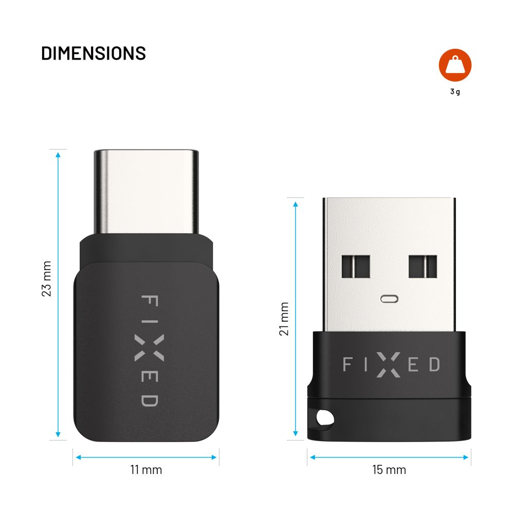Zwei schwarze USB-Adapter mit Maßangaben. Ein USB-C, ein USB-A. Die Marke ist FIXED. Ein Gewichtssymbol zeigt 3g.