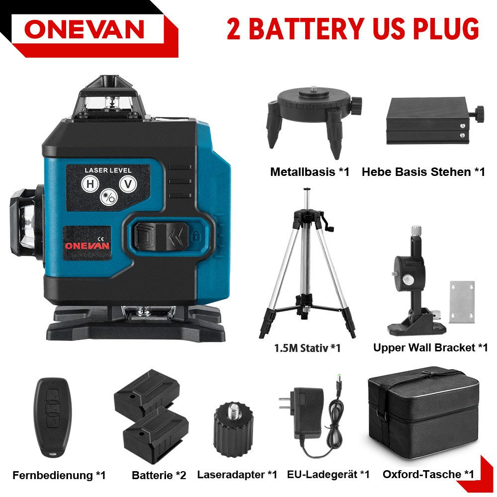 Ein Laser-Nivellier-Kit mit mehreren Komponenten: Laser-Nivellier, Stativ, Batterien, Ladegerät und anderes Zubehör. Das Kit ist von der Marke Onevan.