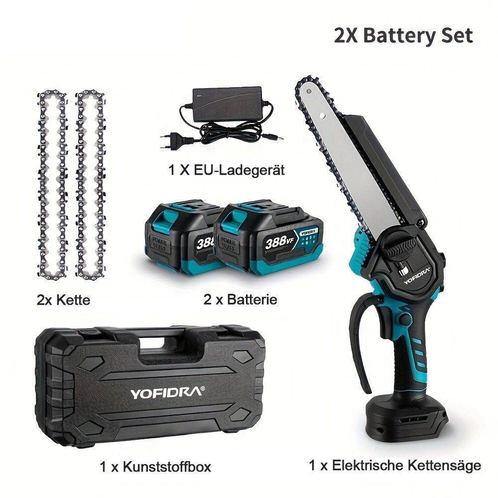 Ein Werkzeugsatz mit einer elektrischen Kettensäge, zwei Batterien, einem Ladegerät, zwei Ketten und einer Aufbewahrungsbox, alles auf weißem Hintergrund.
