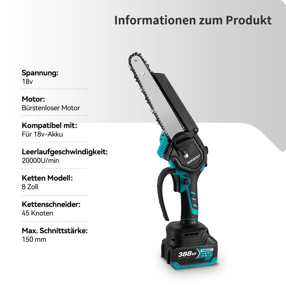 Eine Akku-Kettensäge mit schwarzem und tealfarbenem Design, Details umfassen Spannung, Motortyp, Kettengröße und Schneidkapazität.