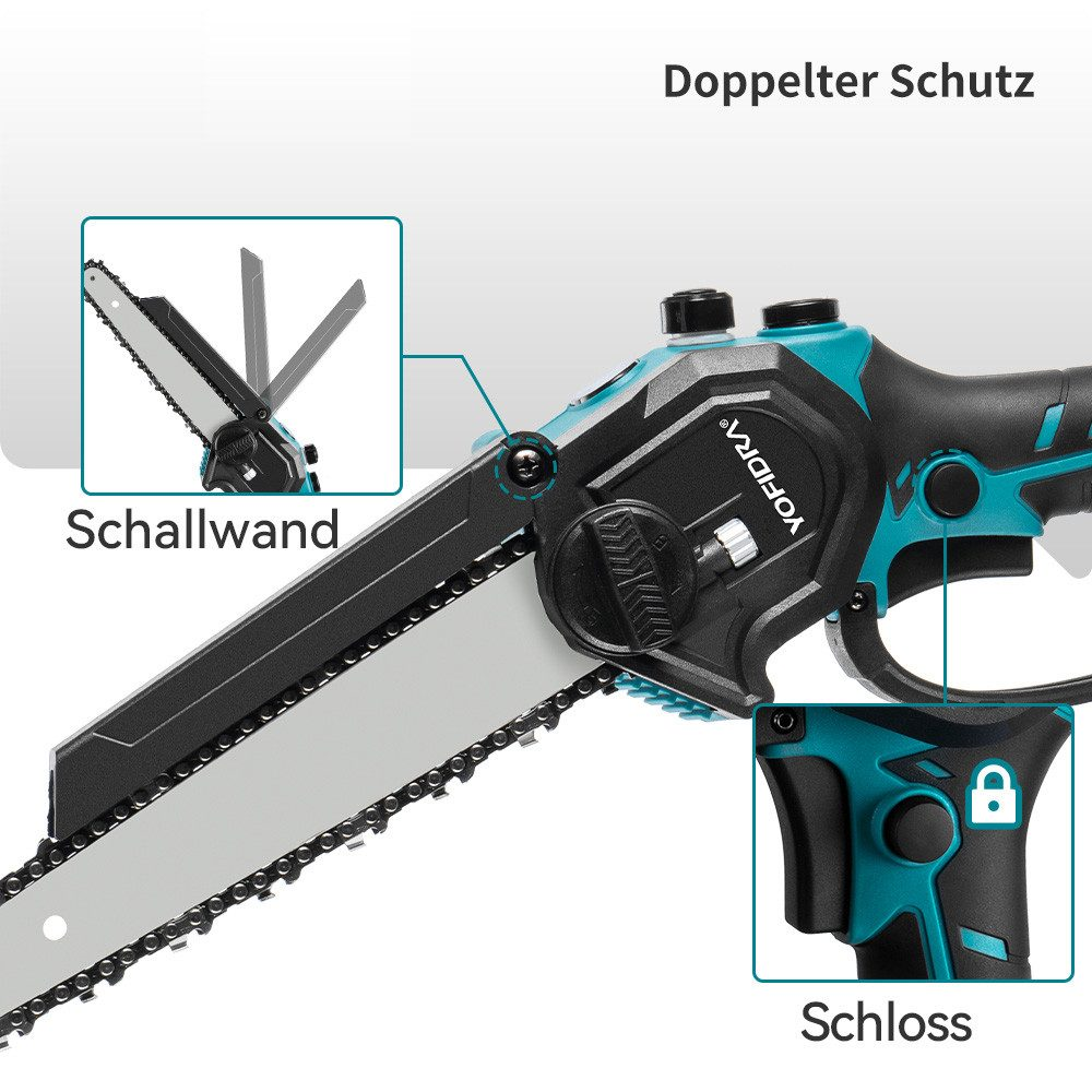 Eine schwarze und türkisfarbene Kettensäge mit dem Markennamen YOFIDRA. Sie hat eine Kette, ein Messer und eine Verriegelungsfunktion. Text enthält 'Doppelter Schutz'.