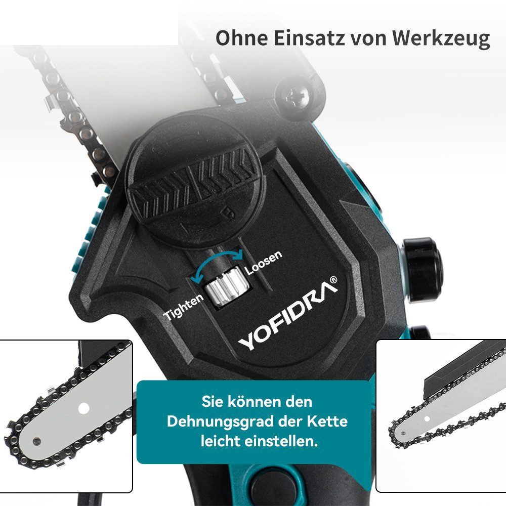 Nahaufnahme eines Kettensägenmechanismus mit Textbeschriftungen zum Anziehen und Lösen. Text: 'Sie können die Kettenlängung leicht einstellen'.