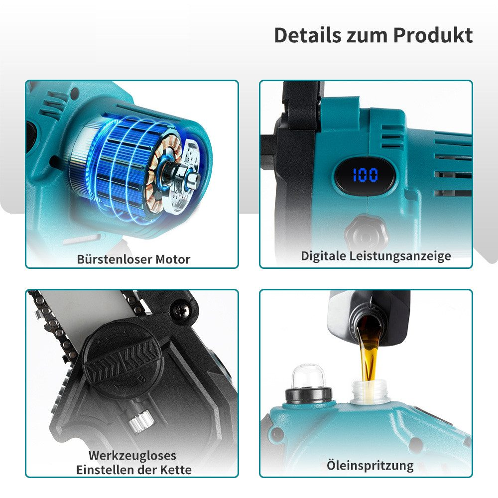 Das Bild zeigt Details einer tealfarbenen Kettensäge. Zu den Merkmalen gehören ein bürstenloser Motor, digitale Leistungsanzeige, Ketteneinstellung und Öleinspritzung.
