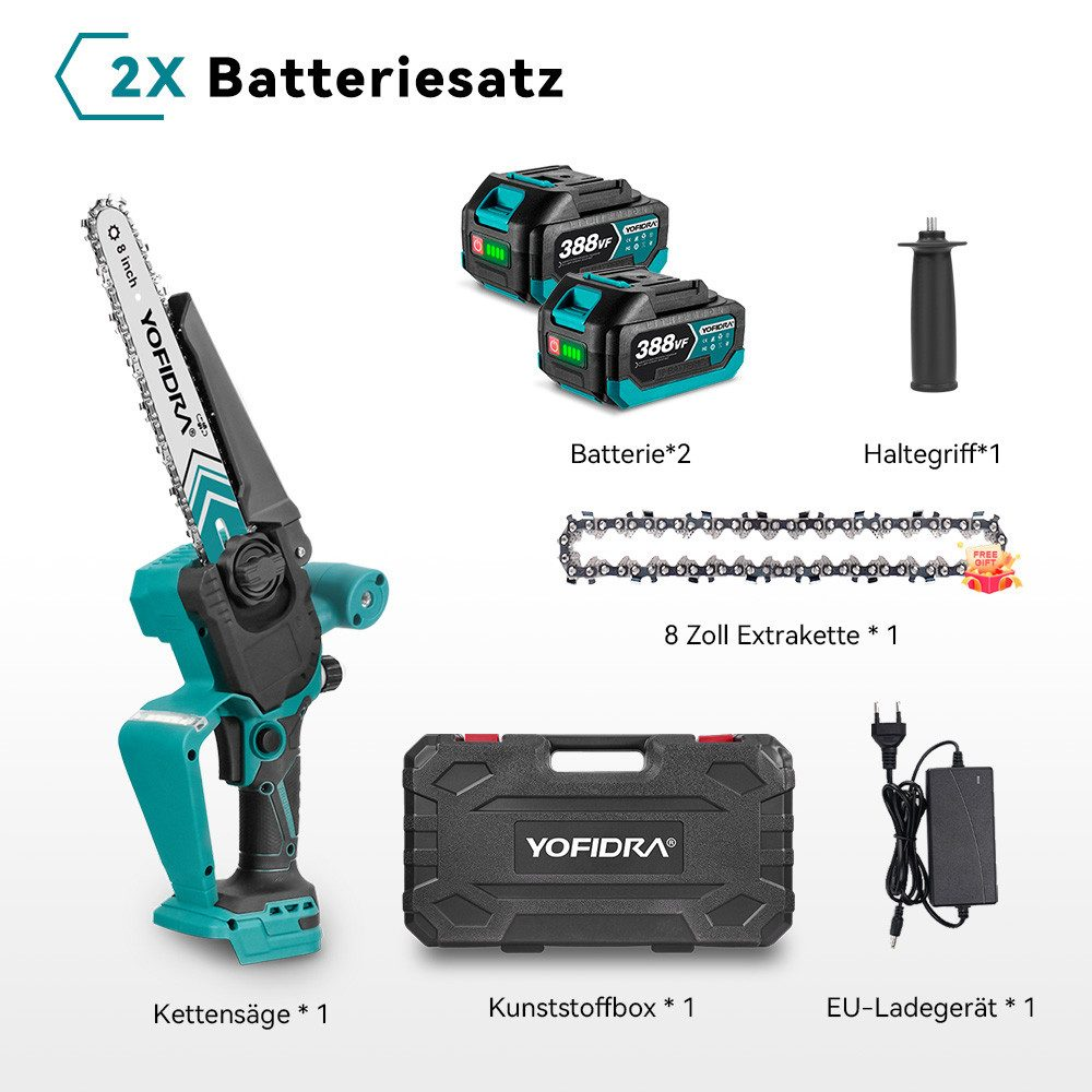 Eine türkisfarbene Kettensäge mit Batterien, Ladegerät, zusätzlicher Kette und einer schwarzen Box. Das Set enthält einen Griff.