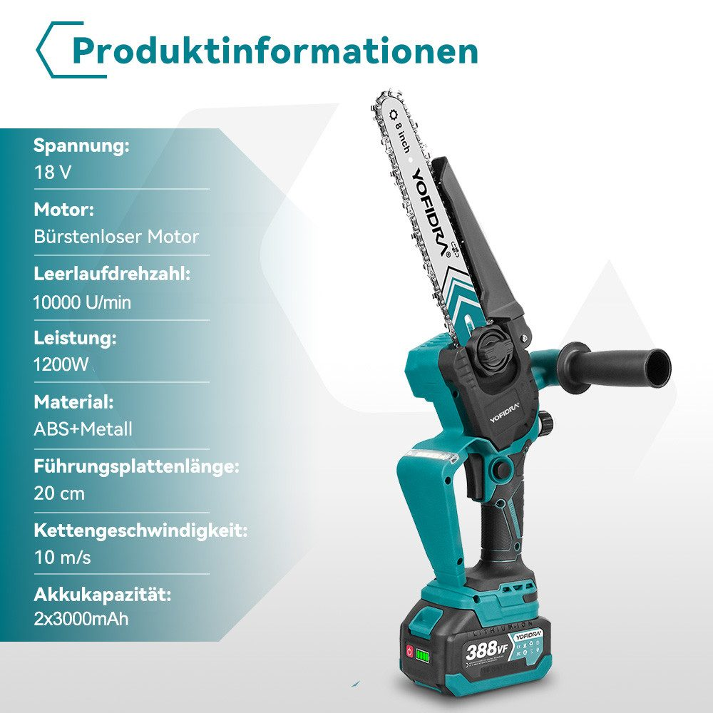 Eine teal-farbene und schwarze Yofidra-Kettensäge mit Produktspezifikationen auf der linken Seite. Sie hat einen Akku und einen schwarzen Griff.