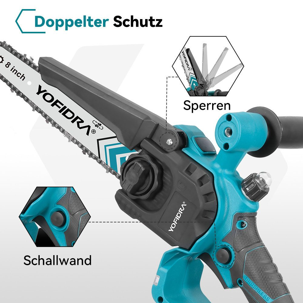 Eine teal-schwarze YOFIDRA-Kettensäge. Details sind eine 8-Zoll-Klinge, Schutzvorrichtung und deutsche Beschriftungen.