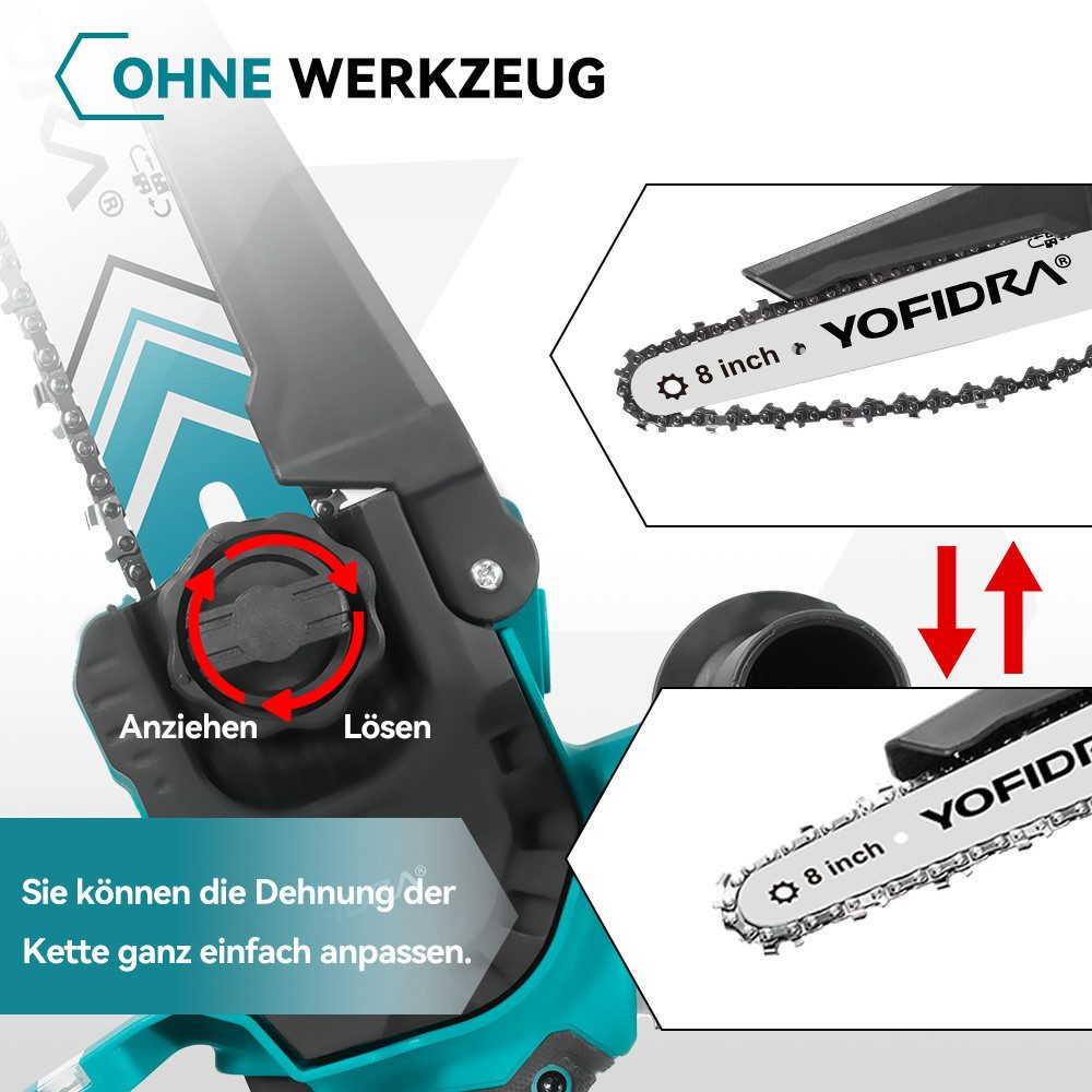 Das Bild zeigt ein Detail einer Kettensäge mit deutschem Text. Enthält Nahaufnahmen von Kette und Einstellanweisungen.