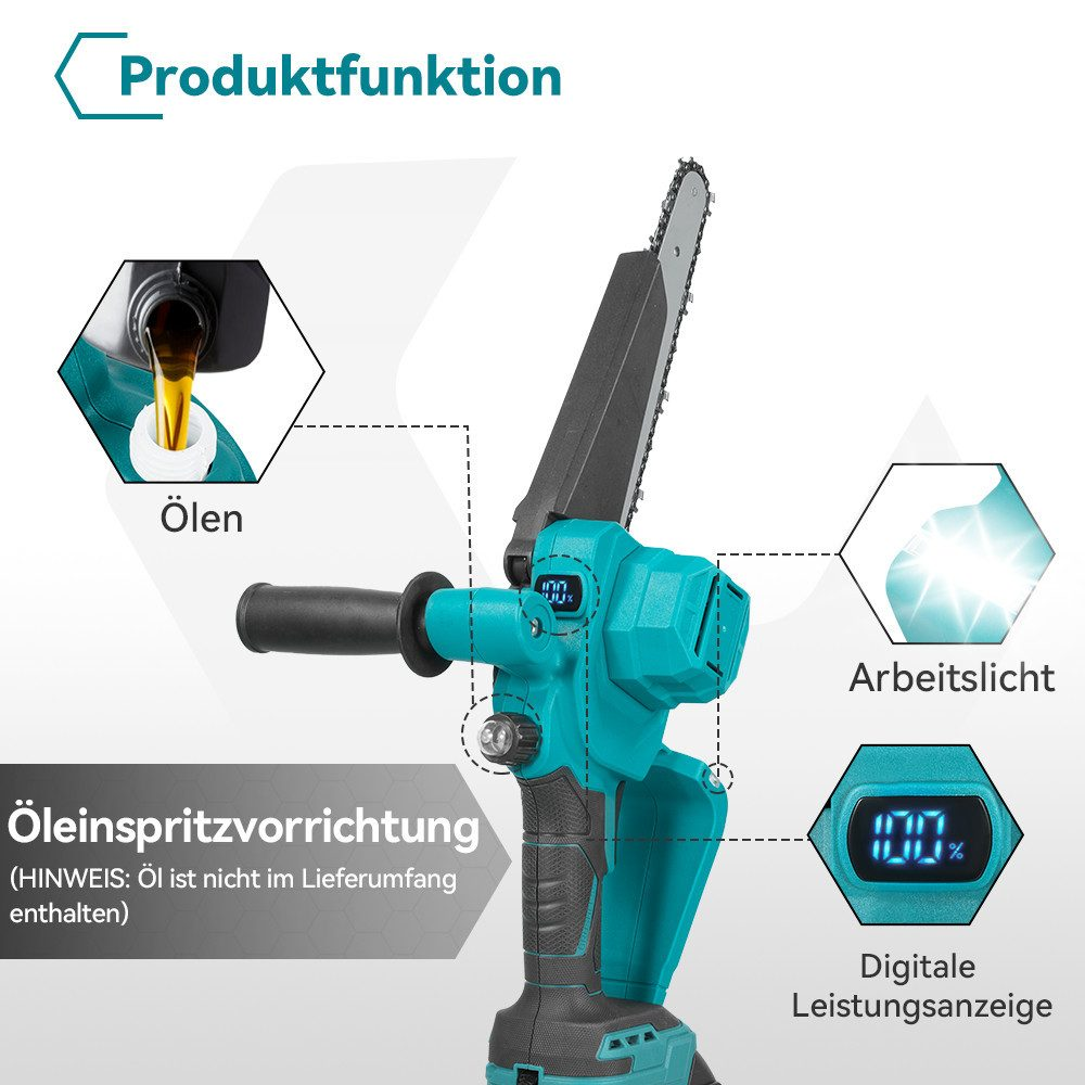 Eine türkisfarbene Kettensäge mit hervorgehobenen Merkmalen: Ölen, Arbeitslicht und digitale Leistungsanzeige. Öl wird in die Kettensäge gegossen.